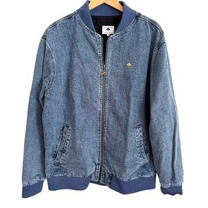 LRG Lifted Research Group Denim Bomber Jacket Large Blue Jean Zip Up Cotton Logo